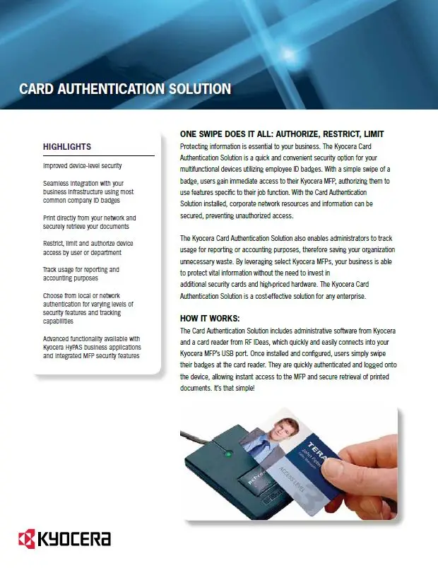 Kyocera, Software, Cost Control, Security Card Authentication, (Dealership Name)