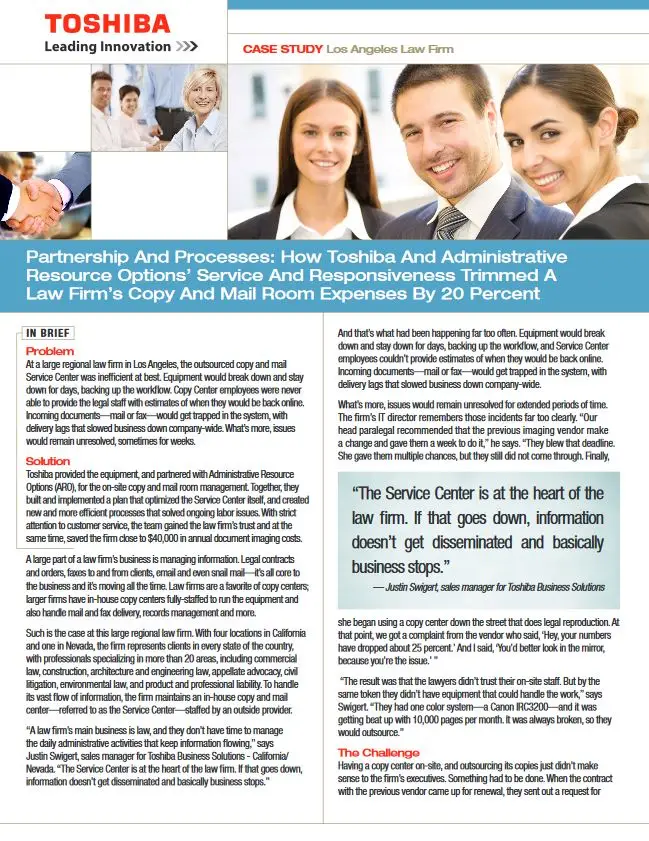 Law Firm, Success Story, Industry Solutions, Vertical Markets, Legal, Toshiba, Ace Reprographics